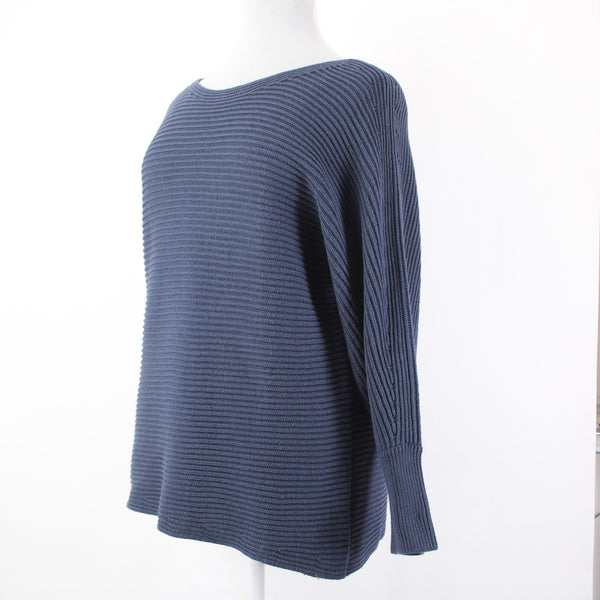 Cabi Sweater Sz XL Blue Ribbed Round Neck Asymmetrical Cotton Acrylic Sweater