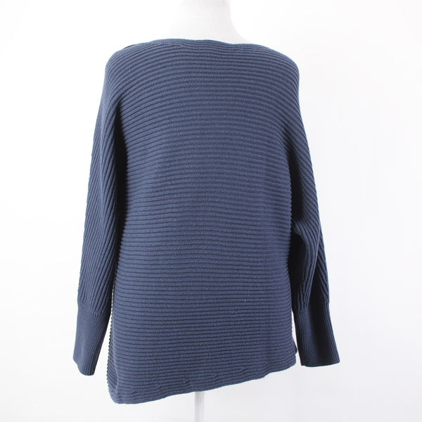 Cabi Sweater Sz XL Blue Ribbed Round Neck Asymmetrical Cotton Acrylic Sweater