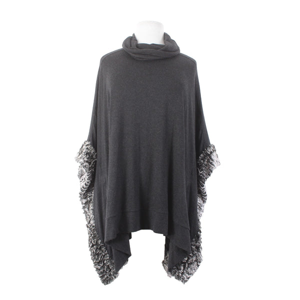 Joseph Ribkoff Sweater Cape OS Black Gray Cowl Neck Faux Fur Trim Pockets Cape