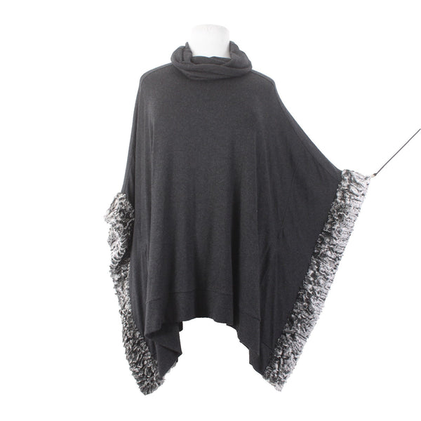Joseph Ribkoff Sweater Cape OS Black Gray Cowl Neck Faux Fur Trim Pockets Cape