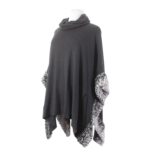 Joseph Ribkoff Sweater Cape OS Black Gray Cowl Neck Faux Fur Trim Pockets Cape