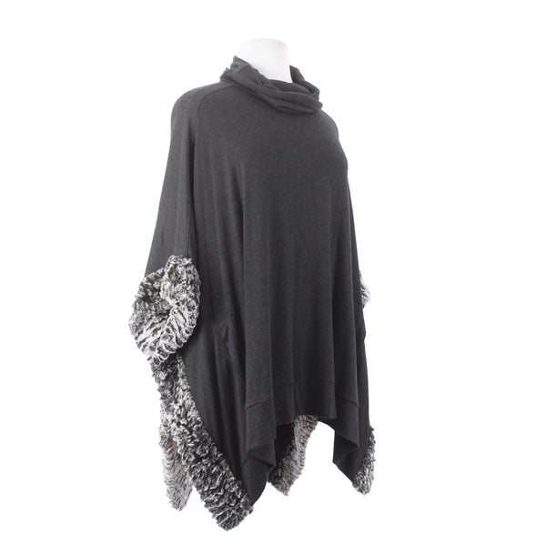 Joseph Ribkoff Sweater Cape OS Black Gray Cowl Neck Faux Fur Trim Pockets Cape