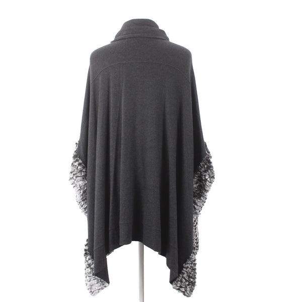 Joseph Ribkoff Sweater Cape OS Black Gray Cowl Neck Faux Fur Trim Pockets Cape
