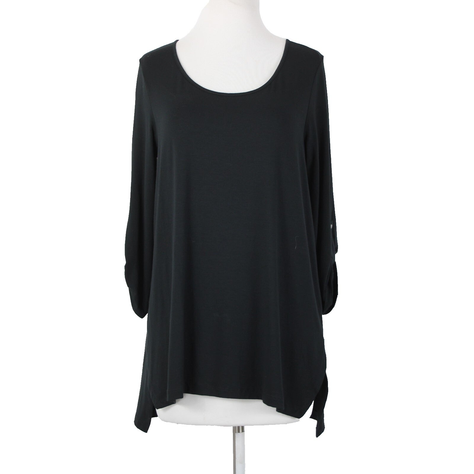 J Jill NEW $69 Sz S Black Roll Tab Sleeve Round Neck Hi Low Rayon Spandex Top