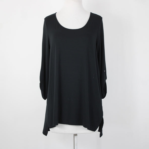 J Jill NEW $69 Sz S Black Roll Tab Sleeve Round Neck Hi Low Rayon Spandex Top