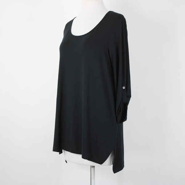 J Jill NEW $69 Sz S Black Roll Tab Sleeve Round Neck Hi Low Rayon Spandex Top