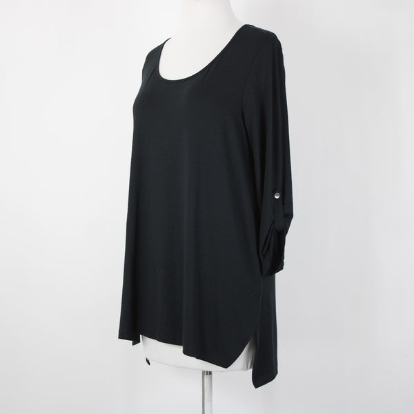 J Jill NEW $69 Sz S Black Roll Tab Sleeve Round Neck Hi Low Rayon Spandex Top