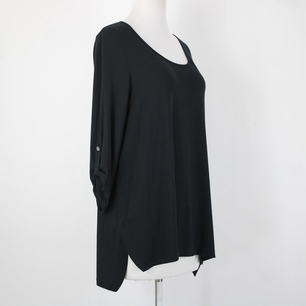 J Jill NEW $69 Sz S Black Roll Tab Sleeve Round Neck Hi Low Rayon Spandex Top