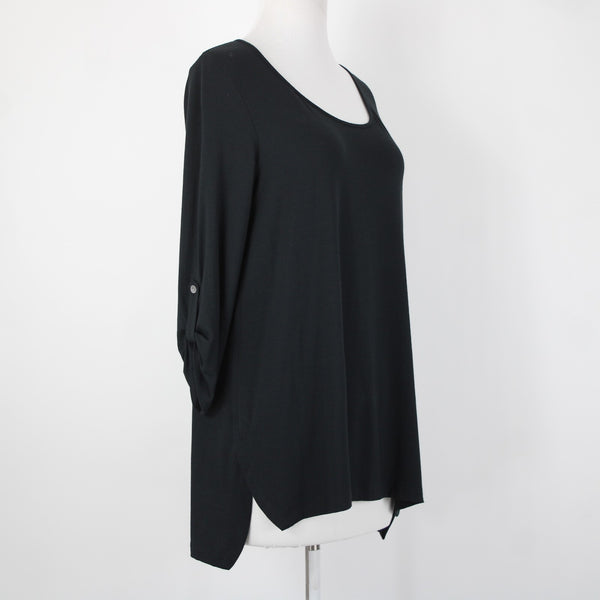J Jill NEW $69 Sz S Black Roll Tab Sleeve Round Neck Hi Low Rayon Spandex Top