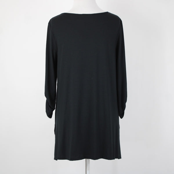 J Jill NEW $69 Sz S Black Roll Tab Sleeve Round Neck Hi Low Rayon Spandex Top
