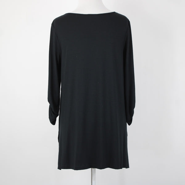 J Jill NEW $69 Sz S Black Roll Tab Sleeve Round Neck Hi Low Rayon Spandex Top