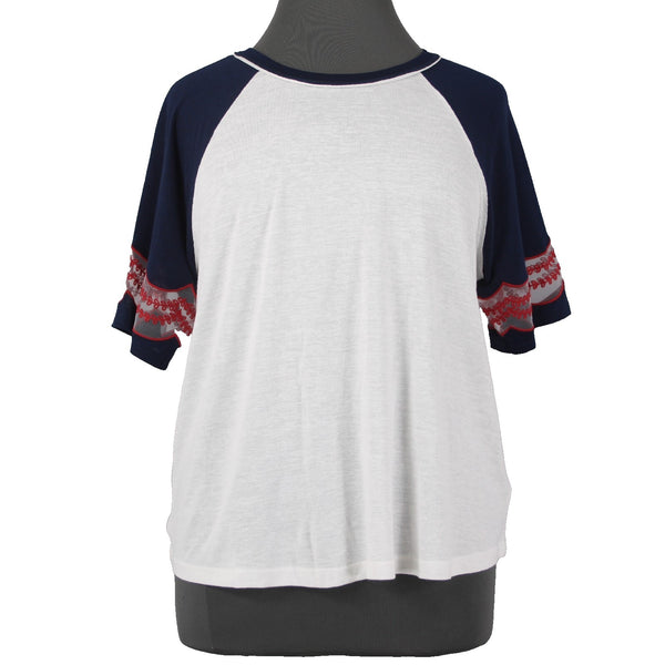 Torrid Top NEW Sz 2X White Navy Red Embroidered Short Sleeve Rayon Poly Top
