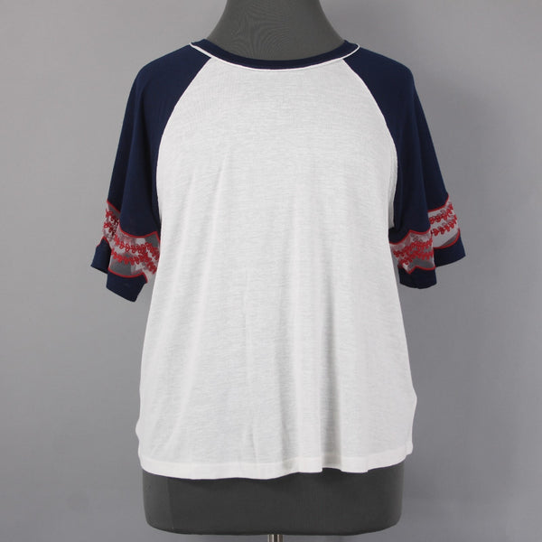 Torrid Top NEW Sz 2X White Navy Red Embroidered Short Sleeve Rayon Poly Top