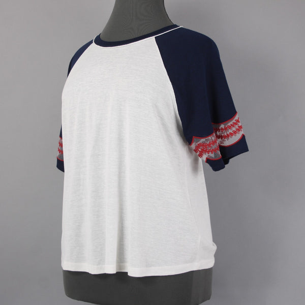 Torrid Top NEW Sz 2X White Navy Red Embroidered Short Sleeve Rayon Poly Top