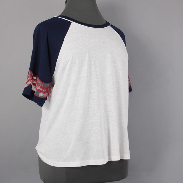 Torrid Top NEW Sz 2X White Navy Red Embroidered Short Sleeve Rayon Poly Top
