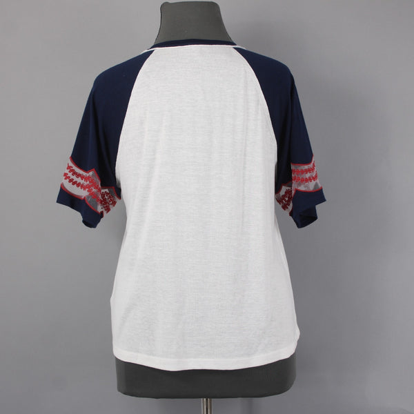 Torrid Top NEW Sz 2X White Navy Red Embroidered Short Sleeve Rayon Poly Top