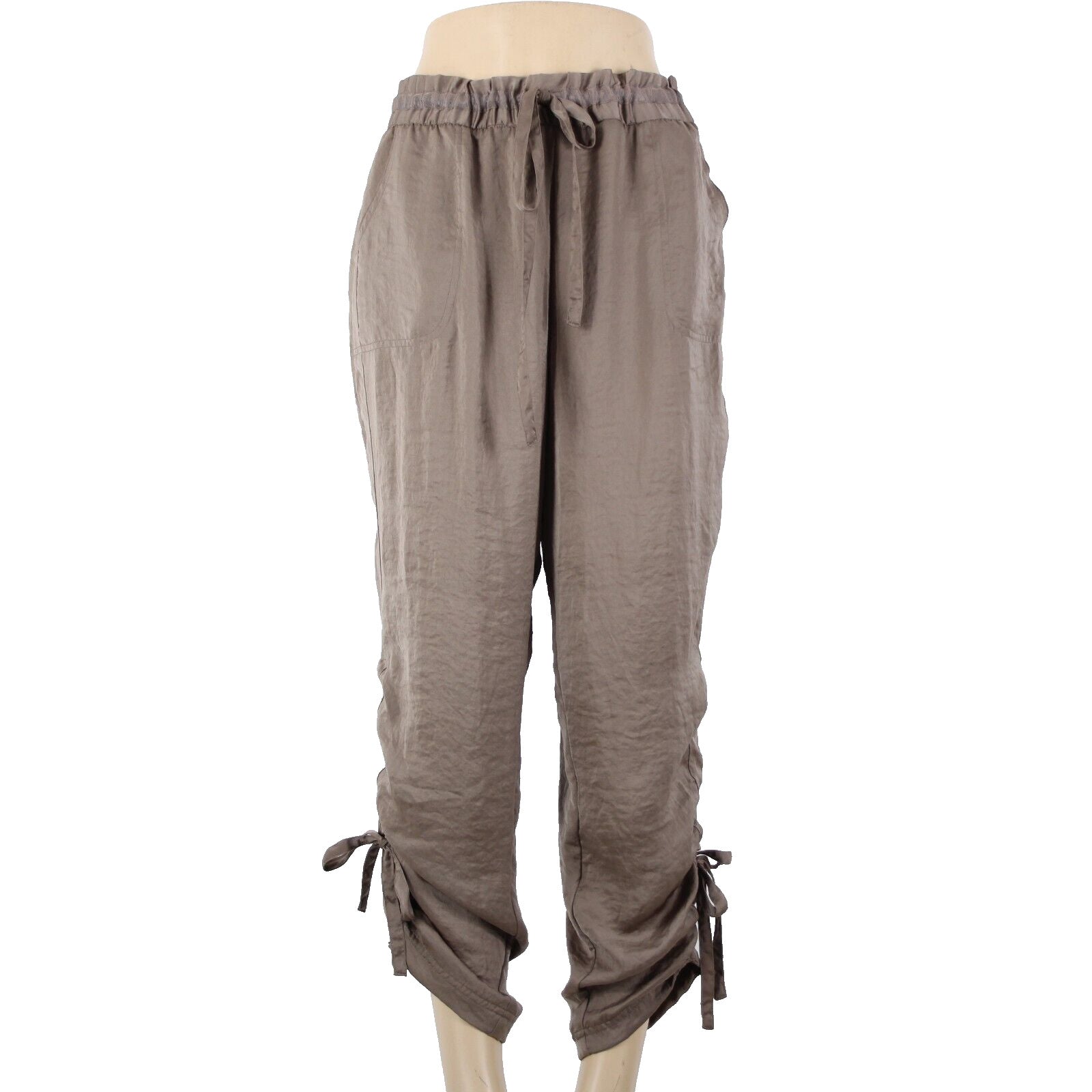 Chicos Black Label Sz 2 x 29 Brown Ankle Pockets Drawstring 100% Polyester Pant