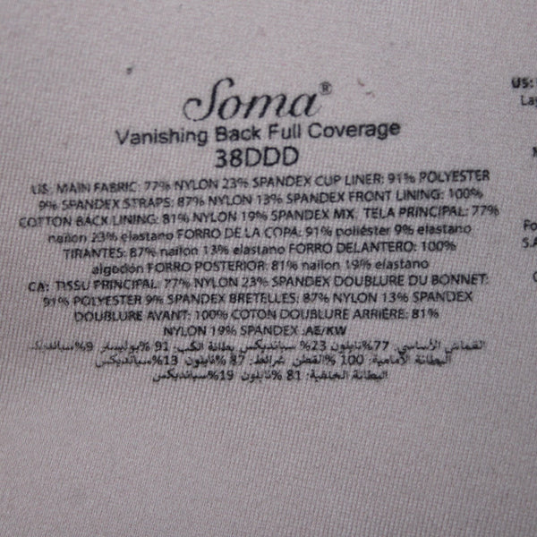 Soma Bra Vanishing Back Sz 38DDD Pink Wired Full Coverage Light Padding Nylon