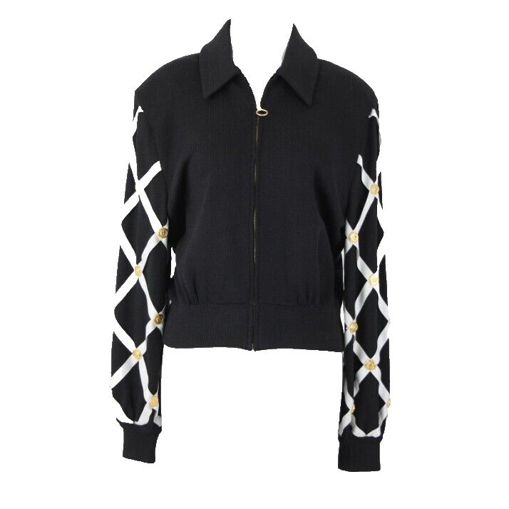 St John Separates Sz M Black White Gold Zipper Collared Santana Knit Jacket