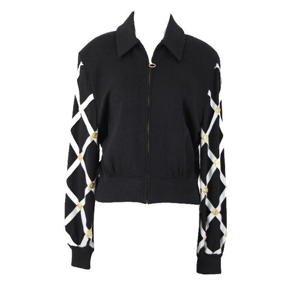 St John Separates Sz M Black White Gold Zipper Collared Santana Knit Jacket