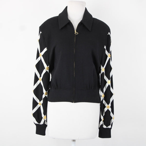 St John Separates Sz M Black White Gold Zipper Collared Santana Knit Jacket