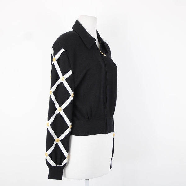 St John Separates Sz M Black White Gold Zipper Collared Santana Knit Jacket
