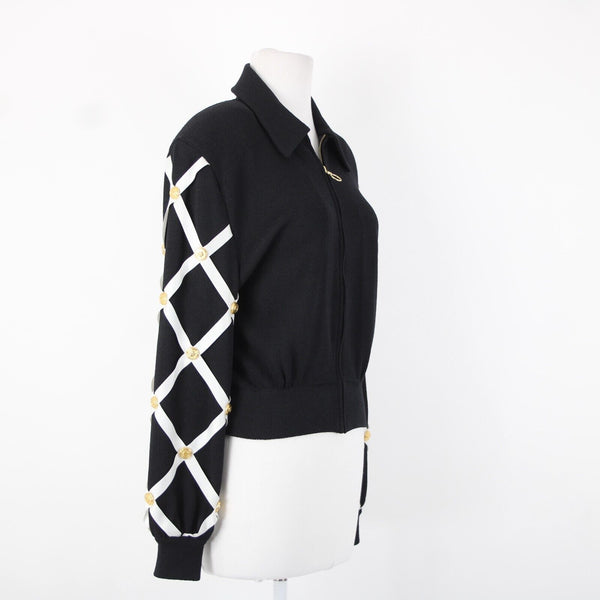 St John Separates Sz M Black White Gold Zipper Collared Santana Knit Jacket