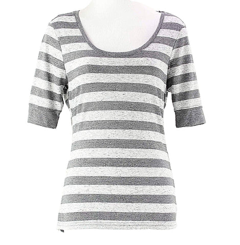 Marika Sz S Gray Charcoal Striped SS Polyester Rayon Linen Knit Top
