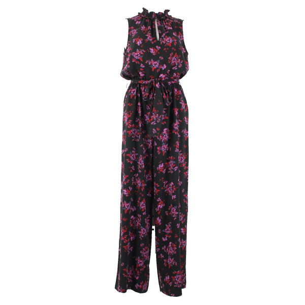 Cece Jumpsuit Sz M Black Purple Multi Color Floral Collared 100% Poly Jumpsuit
