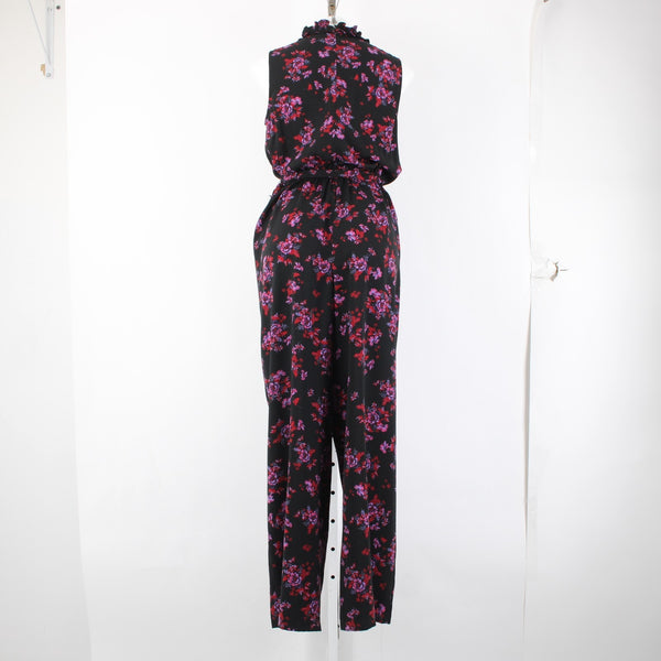 Cece Jumpsuit Sz M Black Purple Multi Color Floral Collared 100% Poly Jumpsuit