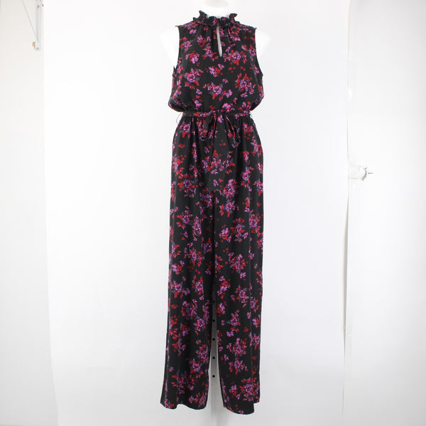 Cece Jumpsuit Sz M Black Purple Multi Color Floral Collared 100% Poly Jumpsuit