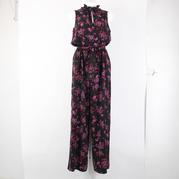 Cece Jumpsuit Sz M Black Purple Multi Color Floral Collared 100% Poly Jumpsuit
