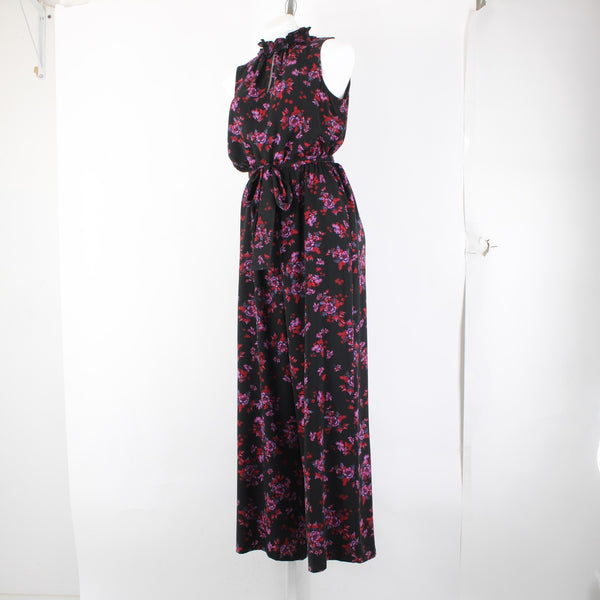 Cece Jumpsuit Sz M Black Purple Multi Color Floral Collared 100% Poly Jumpsuit
