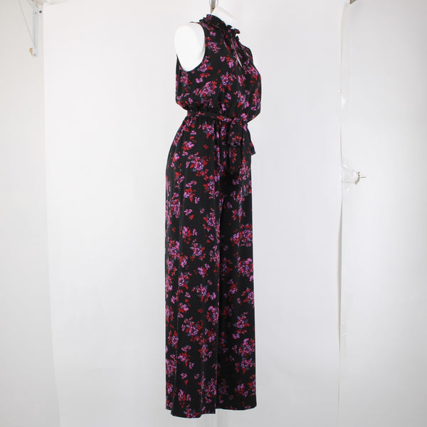 Cece Jumpsuit Sz M Black Purple Multi Color Floral Collared 100% Poly Jumpsuit