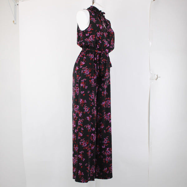 Cece Jumpsuit Sz M Black Purple Multi Color Floral Collared 100% Poly Jumpsuit