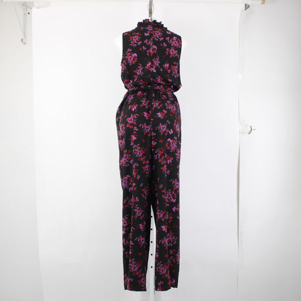 Cece Jumpsuit Sz M Black Purple Multi Color Floral Collared 100% Poly Jumpsuit