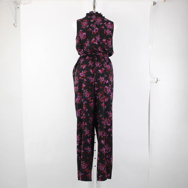 Cece Jumpsuit Sz M Black Purple Multi Color Floral Collared 100% Poly Jumpsuit