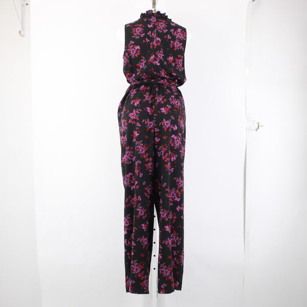 Cece Jumpsuit Sz M Black Purple Multi Color Floral Collared 100% Poly Jumpsuit