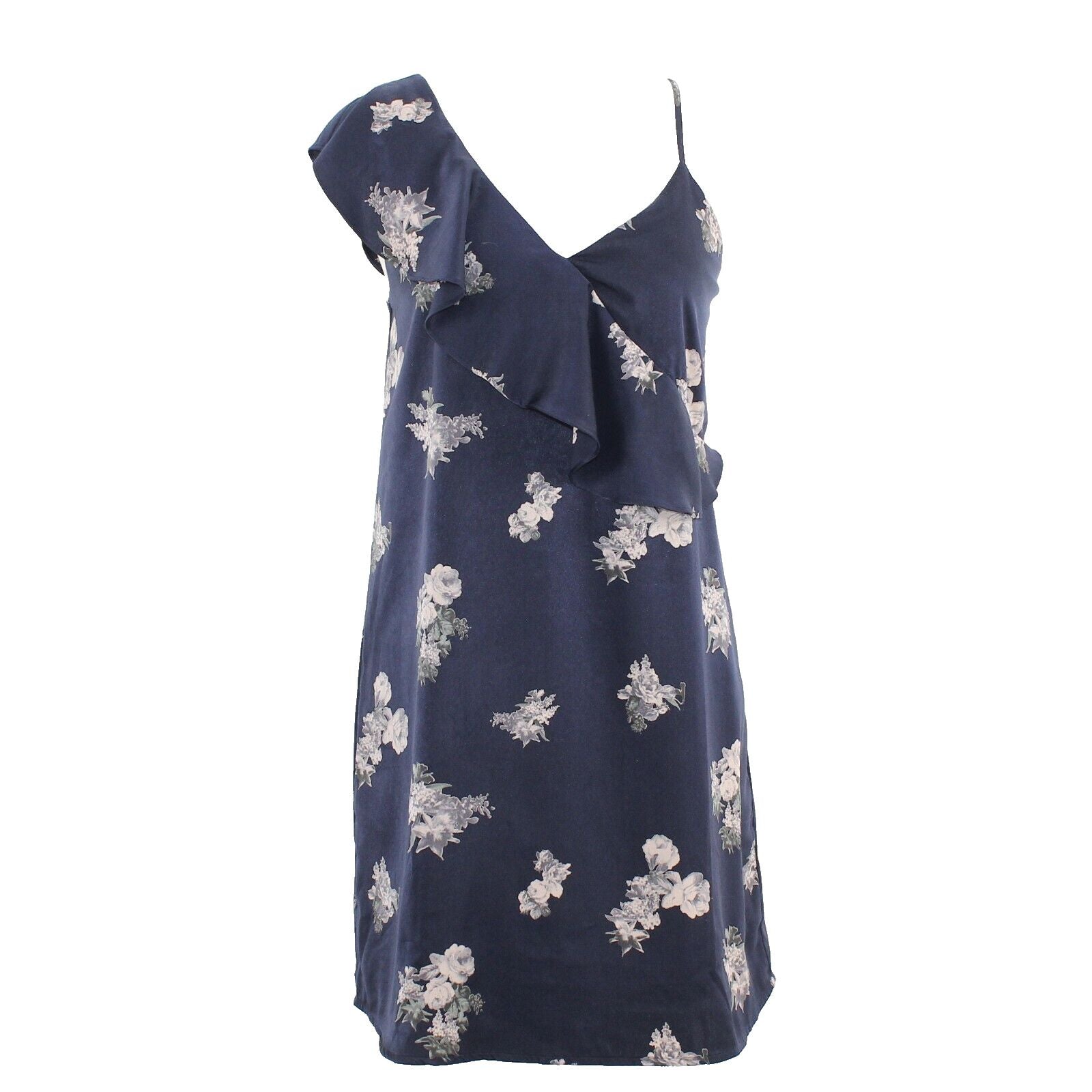 Lucky Brand Sz S Navy Blue Multi Lined One Ruffle Shoulder 100% Poly Dress
