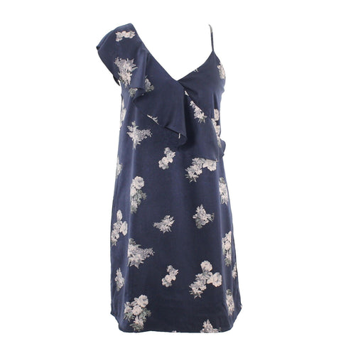 Lucky Brand Sz S Navy Blue Multi Lined One Ruffle Shoulder 100% Poly Dress