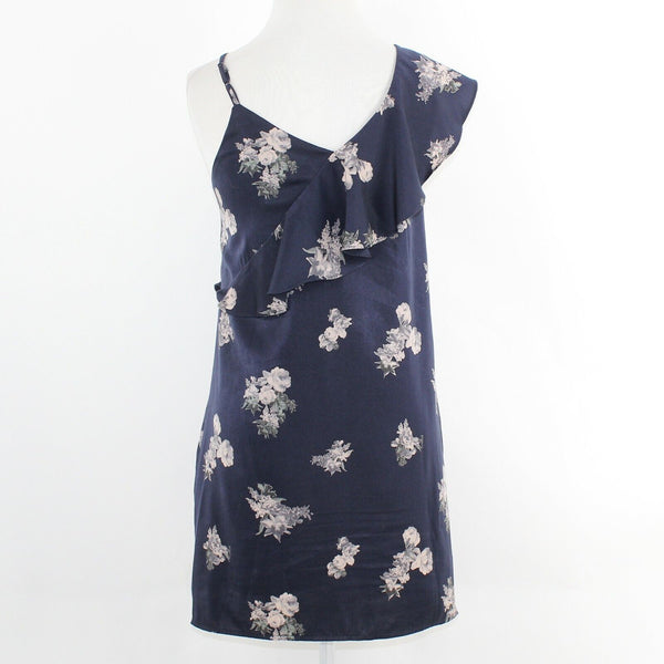 Lucky Brand Sz S Navy Blue Multi Lined One Ruffle Shoulder 100% Poly Dress