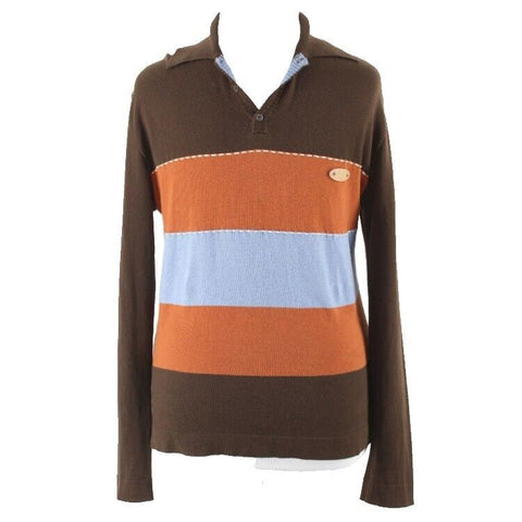 Dolce & Gabbana Sz 52 Brown Blue Multi Leather Logo Pullover Vintage Sweater
