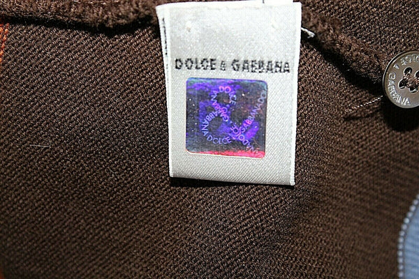 Dolce & Gabbana Sz 52 Brown Blue Multi Leather Logo Pullover Vintage Sweater