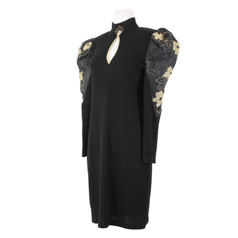 EL Ana Collection Sz M Black Gold Key Hole Neck No Fabric Label Vintage Dress