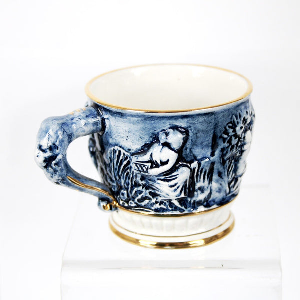 R Capodimonte MAS 2 X 2 Blue White Bas Relief Gold Rim Demitasse Espresso Cup