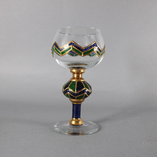 Bohemian Wine Glass Blue Green Gold Painted 6.25" Wine Glass