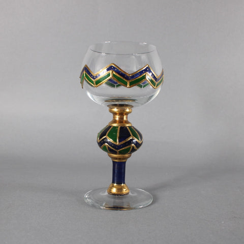 Bohemian Wine Glass Blue Green Gold Painted 6.25" Wine Glass