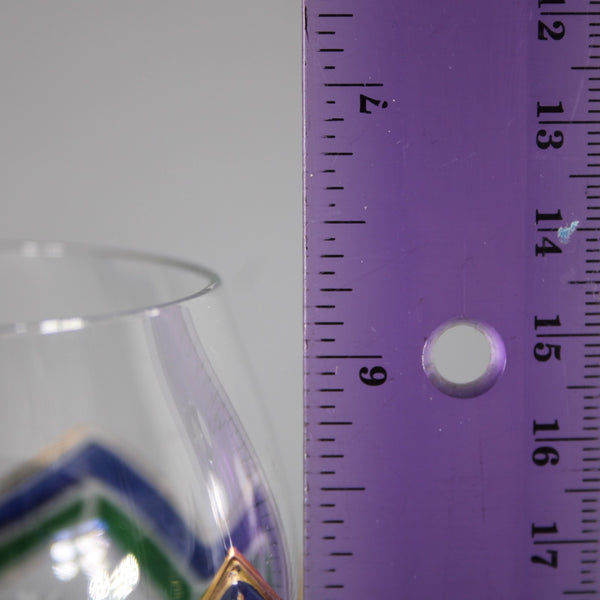 Bohemian Wine Glass Blue Green Gold Painted 6.25" Wine Glass