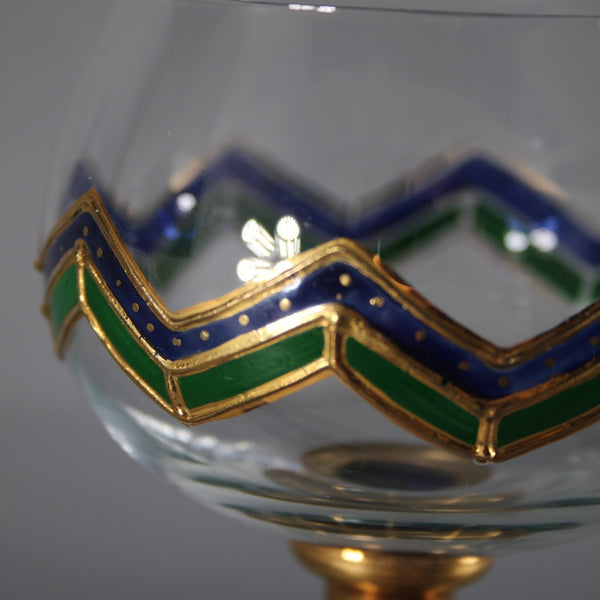 Bohemian Wine Glass Blue Green Gold Painted 6.25" Wine Glass