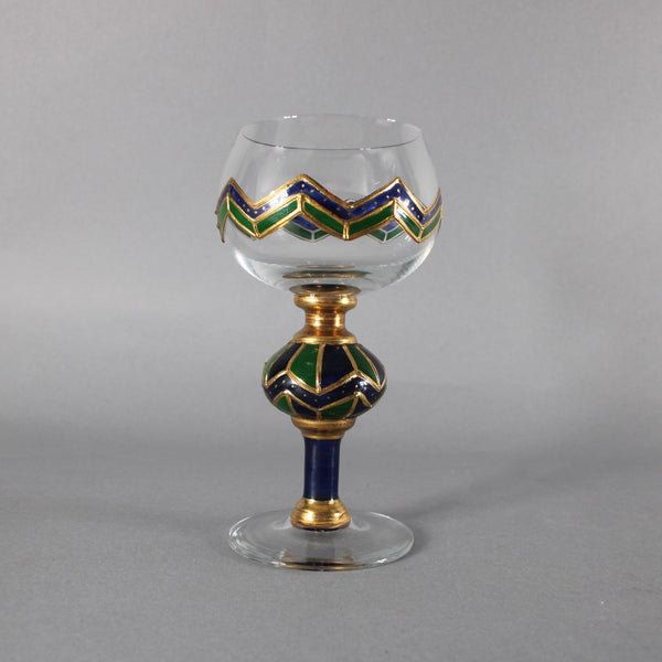 Bohemian Wine Glass Blue Green Gold Painted 6.25" Wine Glass